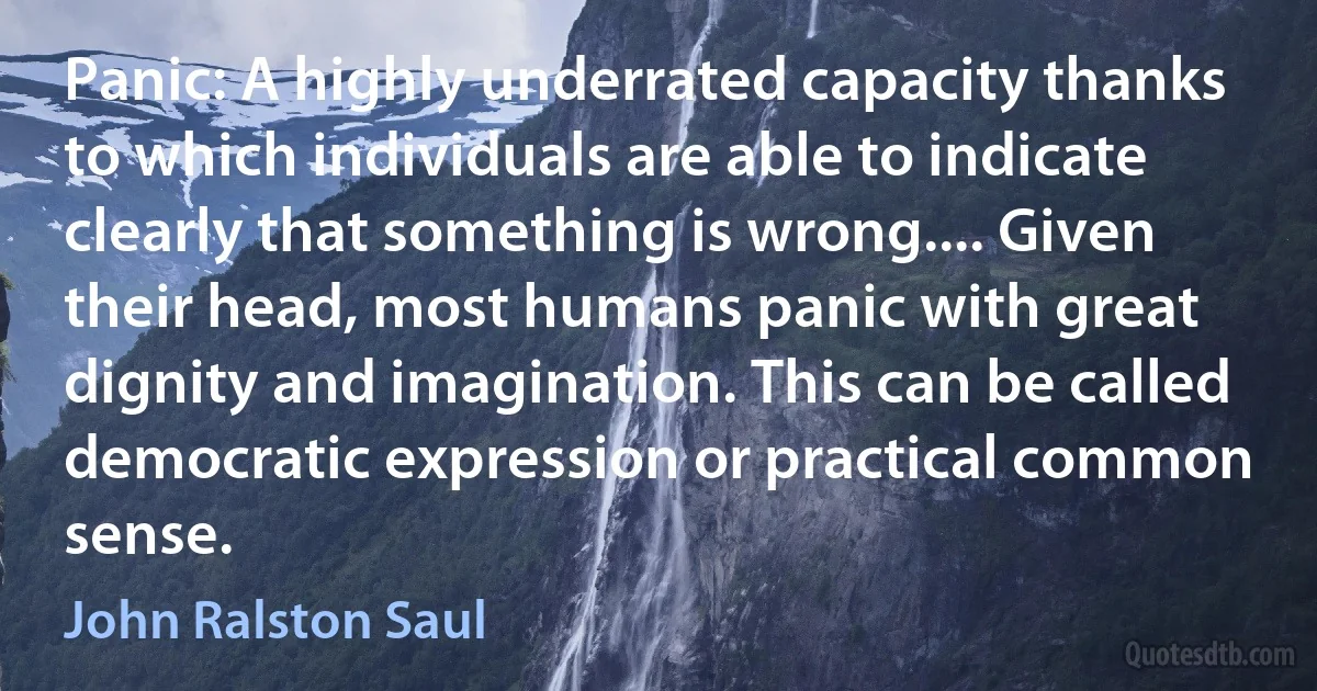 Panic: A highly underrated capacity thanks to which individuals are able to indicate clearly that something is wrong.... Given their head, most humans panic with great dignity and imagination. This can be called democratic expression or practical common sense. (John Ralston Saul)