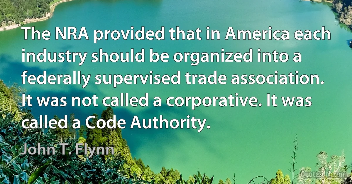 The NRA provided that in America each industry should be organized into a federally supervised trade association. It was not called a corporative. It was called a Code Authority. (John T. Flynn)