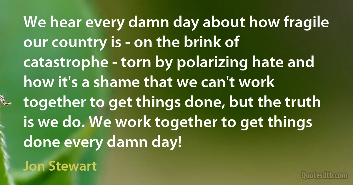 We hear every damn day about how fragile our country is - on the brink of catastrophe - torn by polarizing hate and how it's a shame that we can't work together to get things done, but the truth is we do. We work together to get things done every damn day! (Jon Stewart)