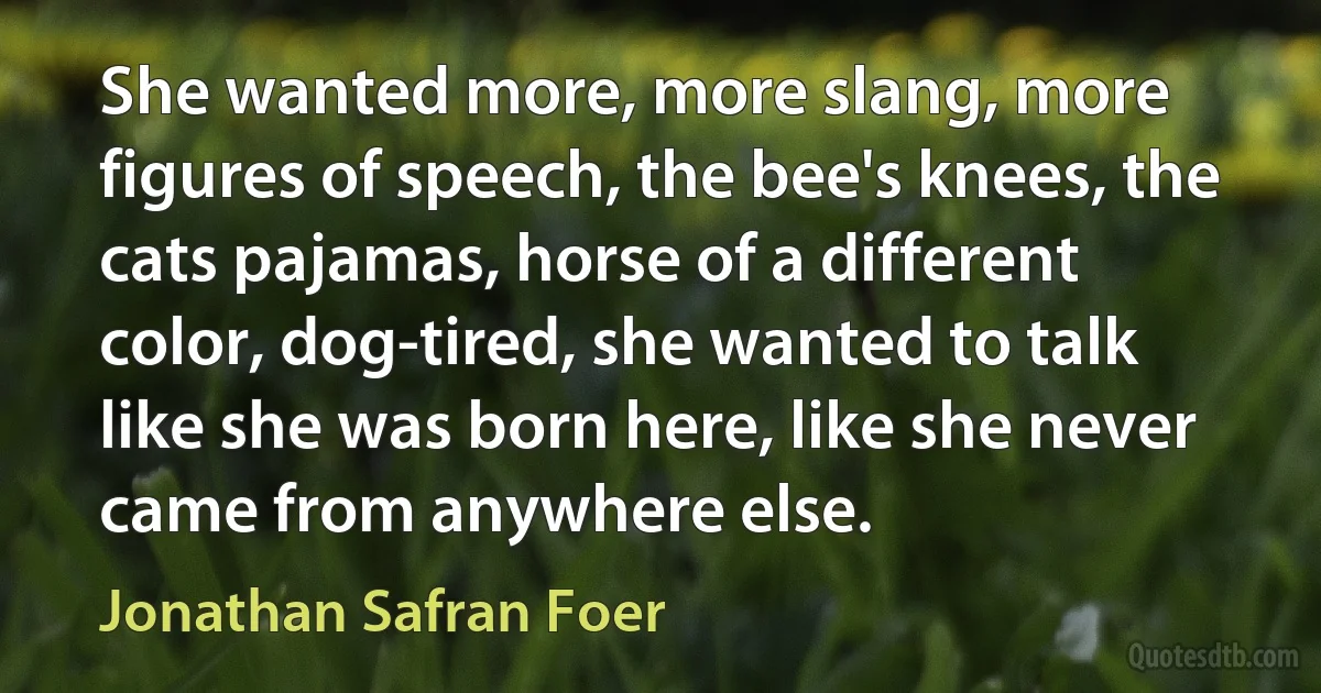 She wanted more, more slang, more figures of speech, the bee's knees, the cats pajamas, horse of a different color, dog-tired, she wanted to talk like she was born here, like she never came from anywhere else. (Jonathan Safran Foer)