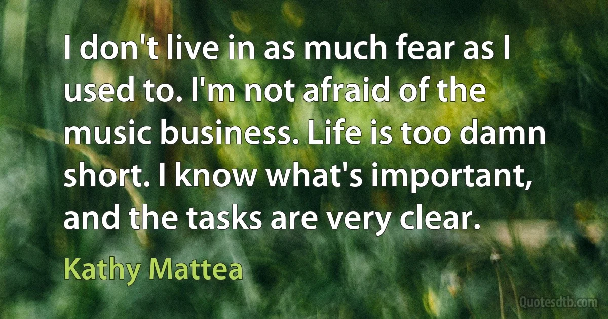 I don't live in as much fear as I used to. I'm not afraid of the music business. Life is too damn short. I know what's important, and the tasks are very clear. (Kathy Mattea)