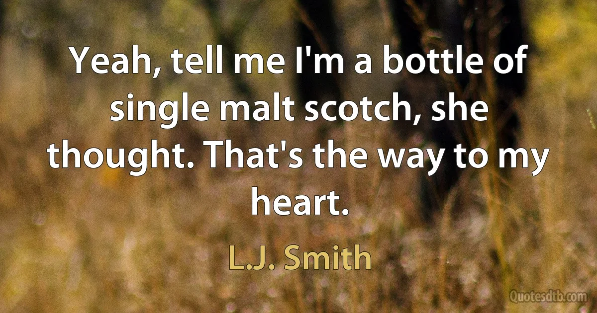 Yeah, tell me I'm a bottle of single malt scotch, she thought. That's the way to my heart. (L.J. Smith)