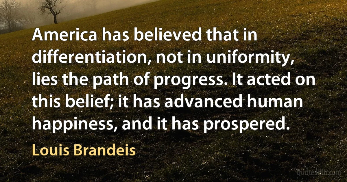 America has believed that in differentiation, not in uniformity, lies the path of progress. It acted on this belief; it has advanced human happiness, and it has prospered. (Louis Brandeis)