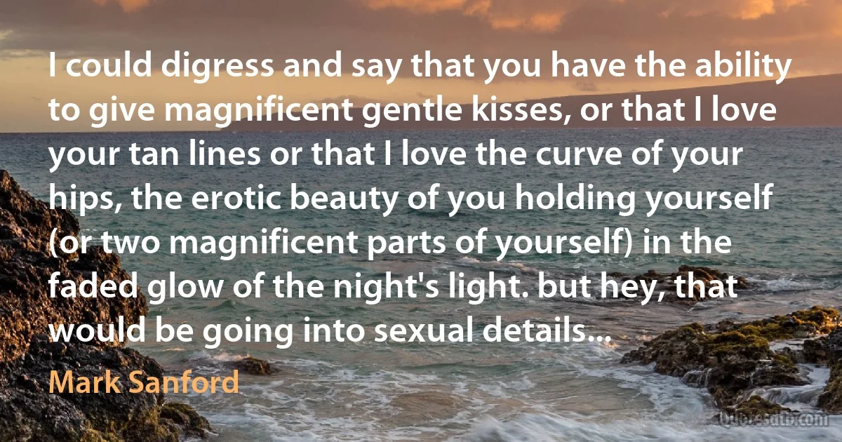 I could digress and say that you have the ability to give magnificent gentle kisses, or that I love your tan lines or that I love the curve of your hips, the erotic beauty of you holding yourself (or two magnificent parts of yourself) in the faded glow of the night's light. but hey, that would be going into sexual details... (Mark Sanford)