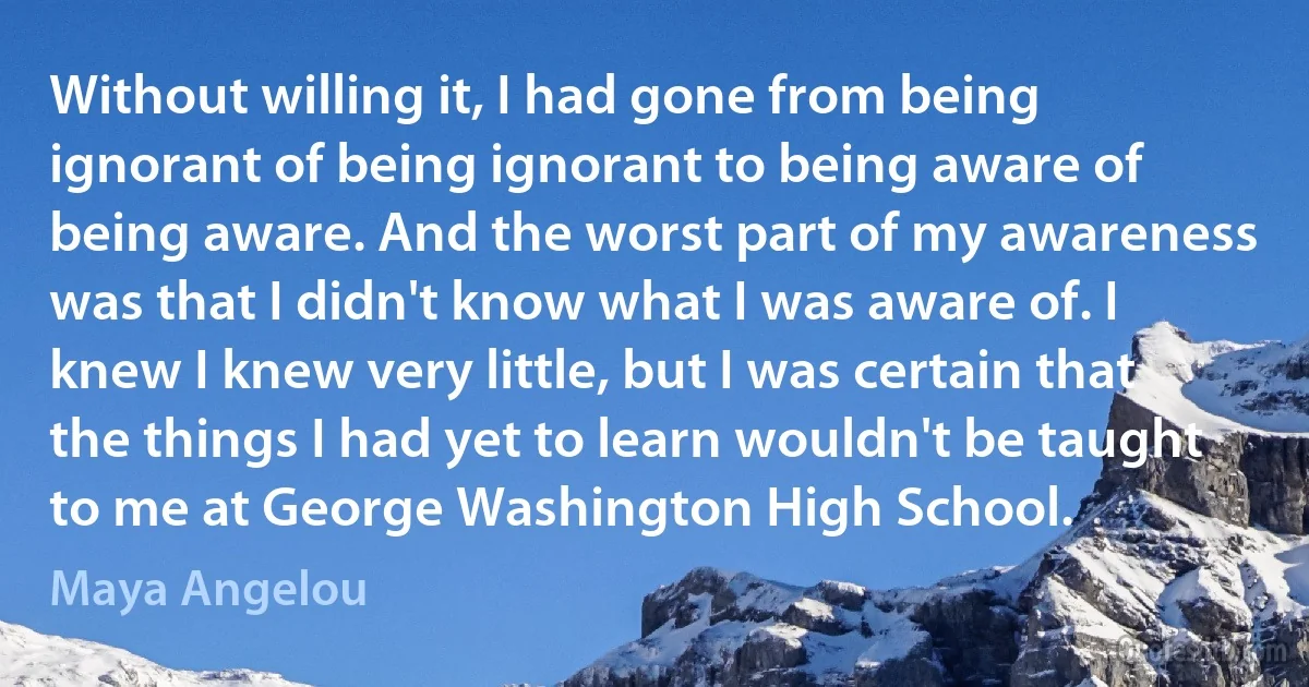 Without willing it, I had gone from being ignorant of being ignorant to being aware of being aware. And the worst part of my awareness was that I didn't know what I was aware of. I knew I knew very little, but I was certain that the things I had yet to learn wouldn't be taught to me at George Washington High School. (Maya Angelou)