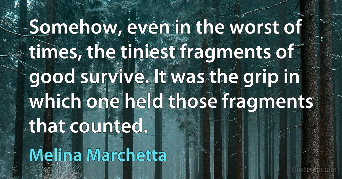 Somehow, even in the worst of times, the tiniest fragments of good survive. It was the grip in which one held those fragments that counted. (Melina Marchetta)