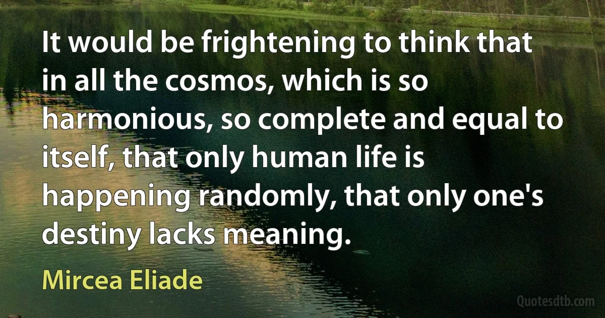 It would be frightening to think that in all the cosmos, which is so harmonious, so complete and equal to itself, that only human life is happening randomly, that only one's destiny lacks meaning. (Mircea Eliade)