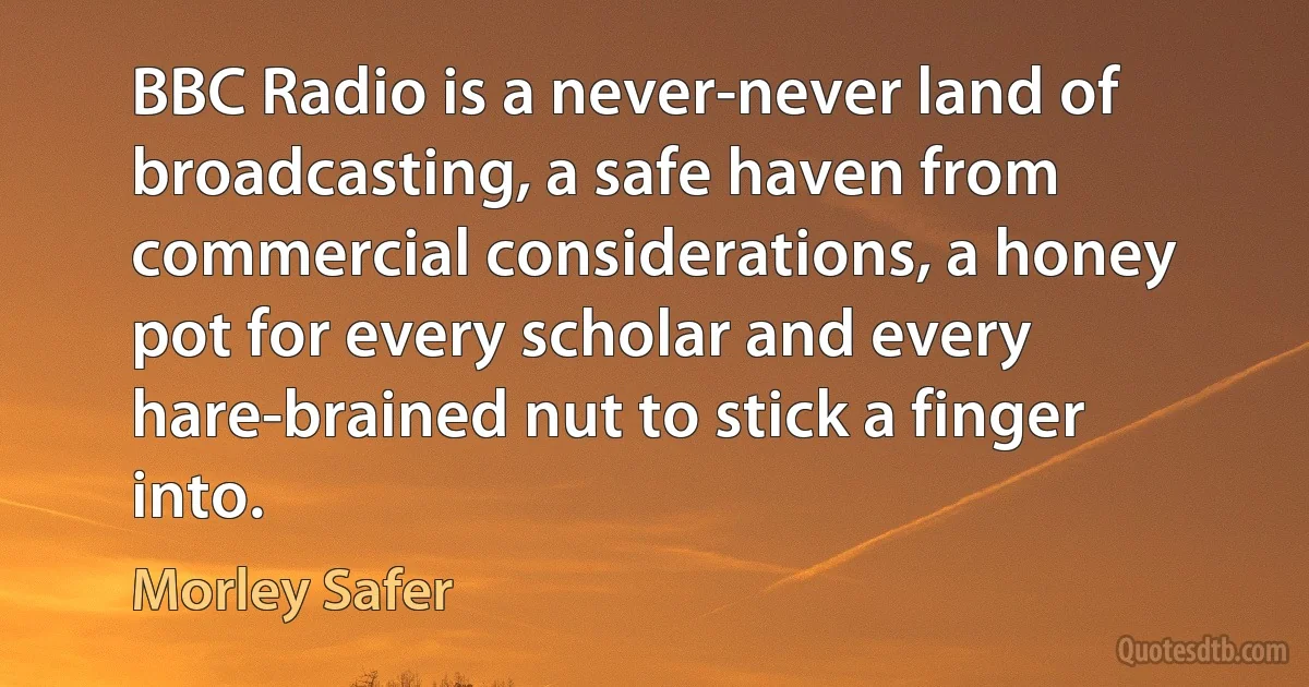 BBC Radio is a never-never land of broadcasting, a safe haven from commercial considerations, a honey pot for every scholar and every hare-brained nut to stick a finger into. (Morley Safer)