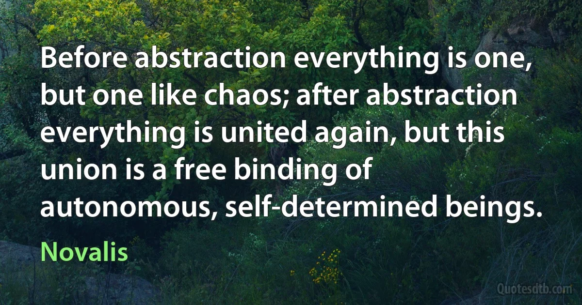 Before abstraction everything is one, but one like chaos; after abstraction everything is united again, but this union is a free binding of autonomous, self-determined beings. (Novalis)