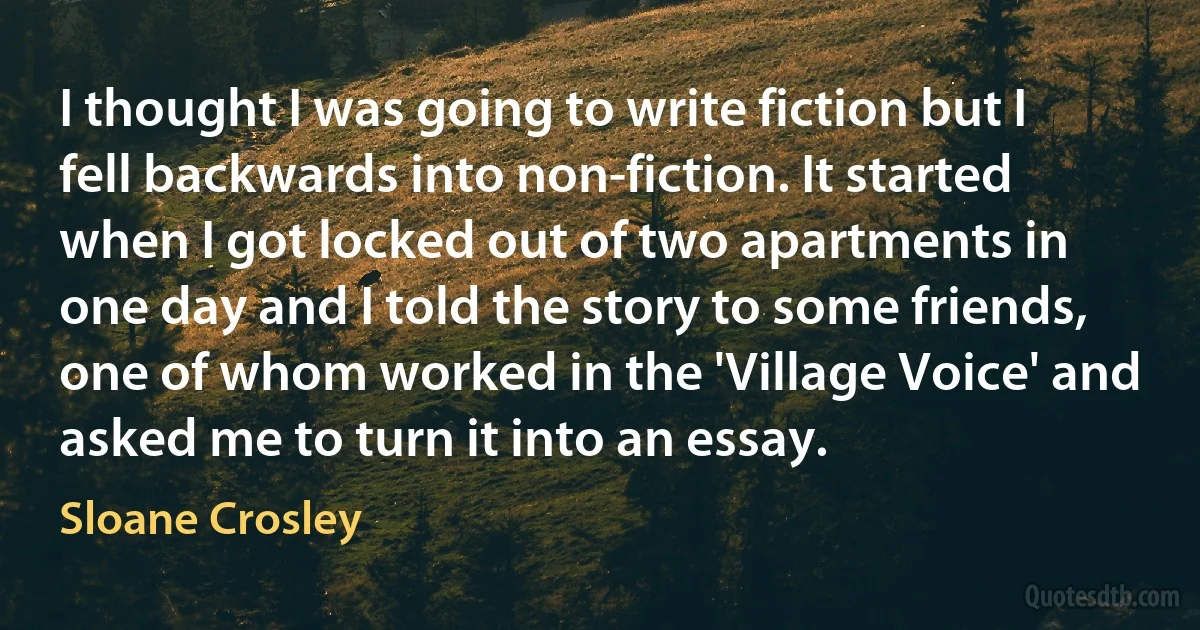 I thought I was going to write fiction but I fell backwards into non-fiction. It started when I got locked out of two apartments in one day and I told the story to some friends, one of whom worked in the 'Village Voice' and asked me to turn it into an essay. (Sloane Crosley)