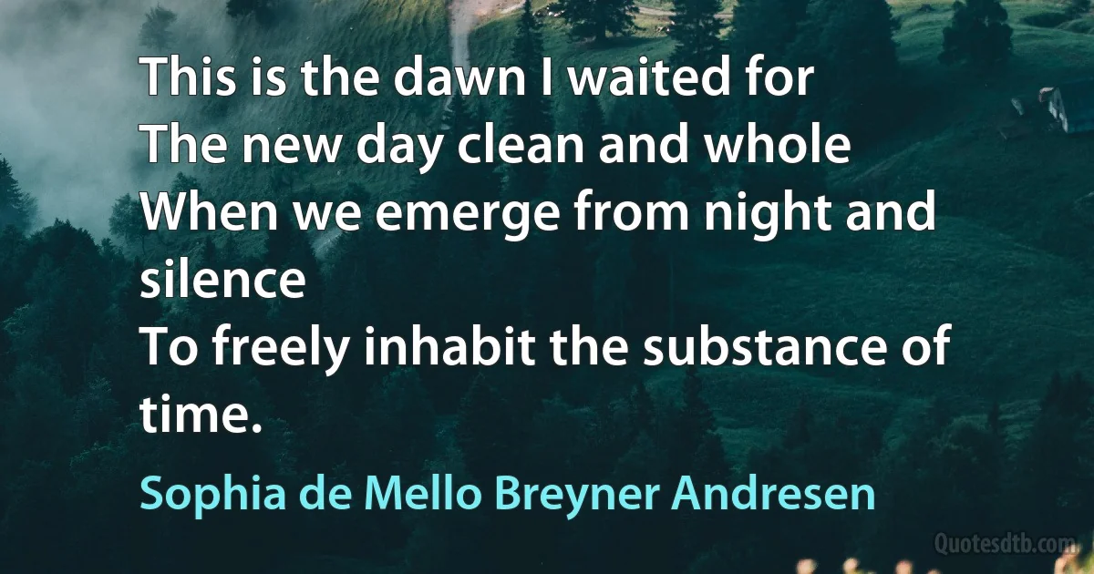 This is the dawn I waited for
The new day clean and whole
When we emerge from night and silence
To freely inhabit the substance of time. (Sophia de Mello Breyner Andresen)