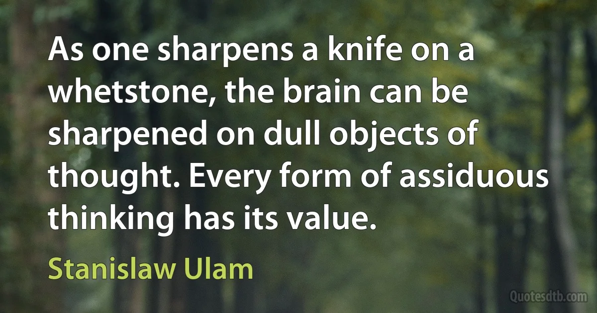 As one sharpens a knife on a whetstone, the brain can be sharpened on dull objects of thought. Every form of assiduous thinking has its value. (Stanislaw Ulam)