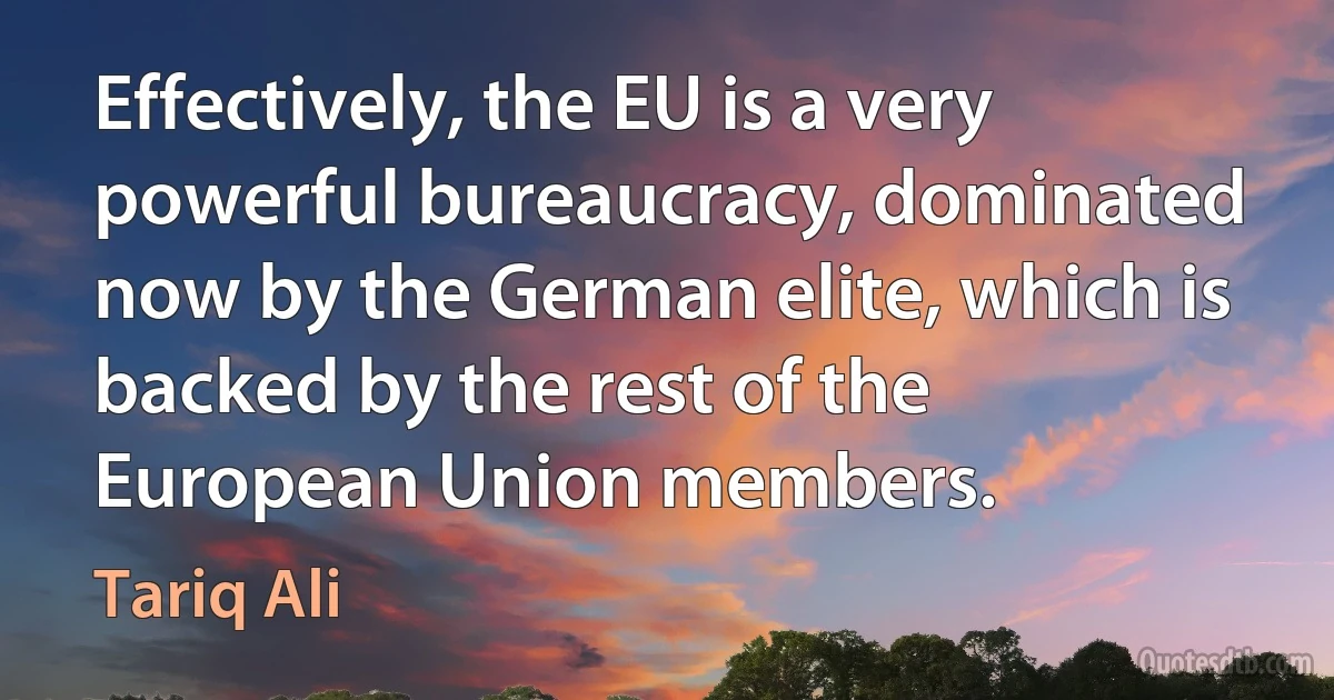 Effectively, the EU is a very powerful bureaucracy, dominated now by the German elite, which is backed by the rest of the European Union members. (Tariq Ali)