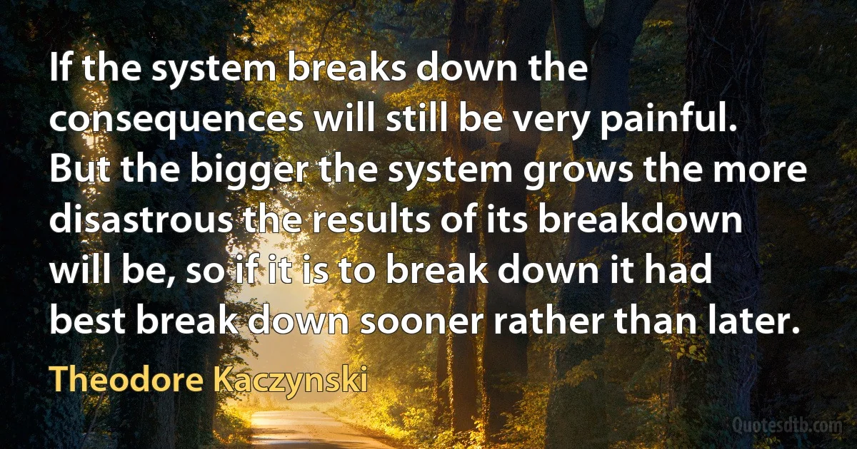 If the system breaks down the consequences will still be very painful. But the bigger the system grows the more disastrous the results of its breakdown will be, so if it is to break down it had best break down sooner rather than later. (Theodore Kaczynski)