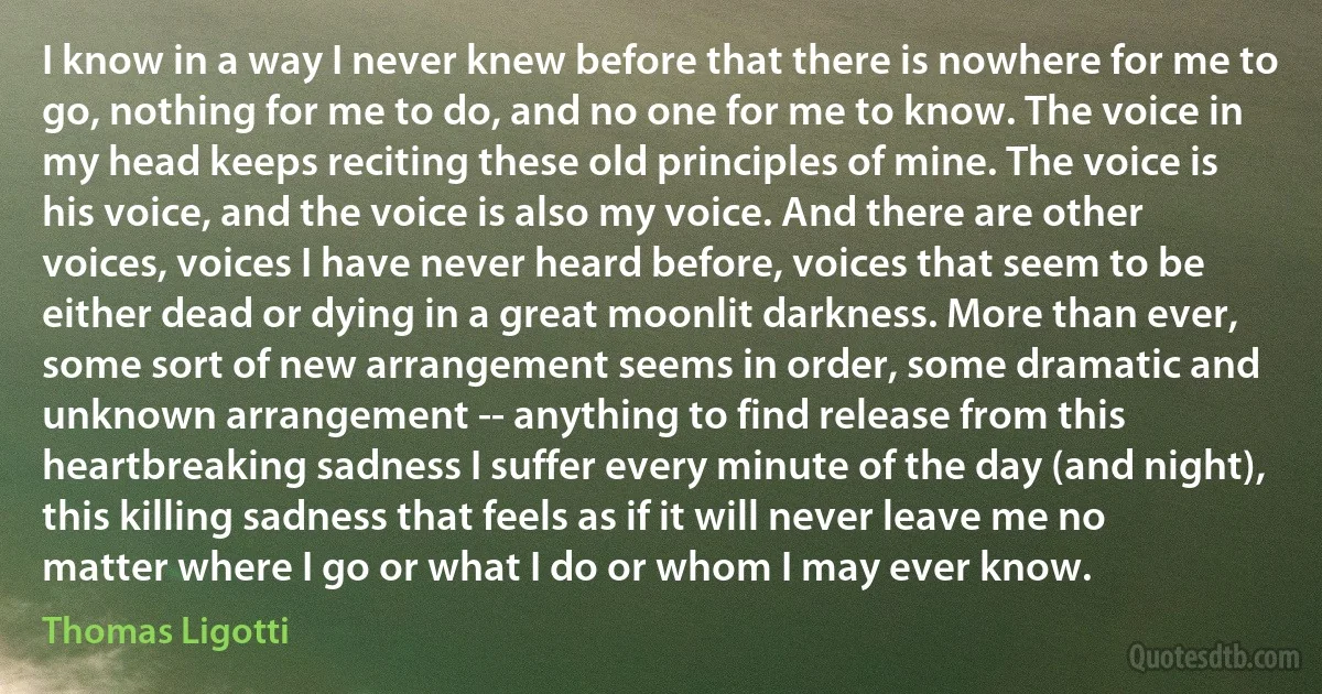 I know in a way I never knew before that there is nowhere for me to go, nothing for me to do, and no one for me to know. The voice in my head keeps reciting these old principles of mine. The voice is his voice, and the voice is also my voice. And there are other voices, voices I have never heard before, voices that seem to be either dead or dying in a great moonlit darkness. More than ever, some sort of new arrangement seems in order, some dramatic and unknown arrangement -- anything to find release from this heartbreaking sadness I suffer every minute of the day (and night), this killing sadness that feels as if it will never leave me no matter where I go or what I do or whom I may ever know. (Thomas Ligotti)