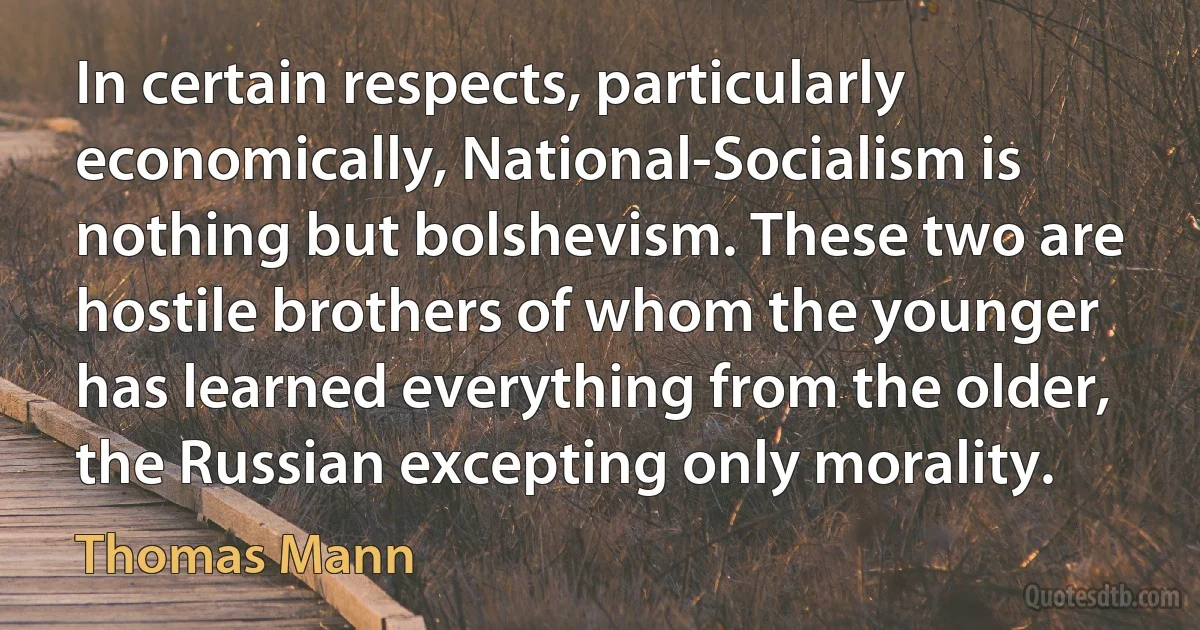 In certain respects, particularly economically, National-Socialism is nothing but bolshevism. These two are hostile brothers of whom the younger has learned everything from the older, the Russian excepting only morality. (Thomas Mann)