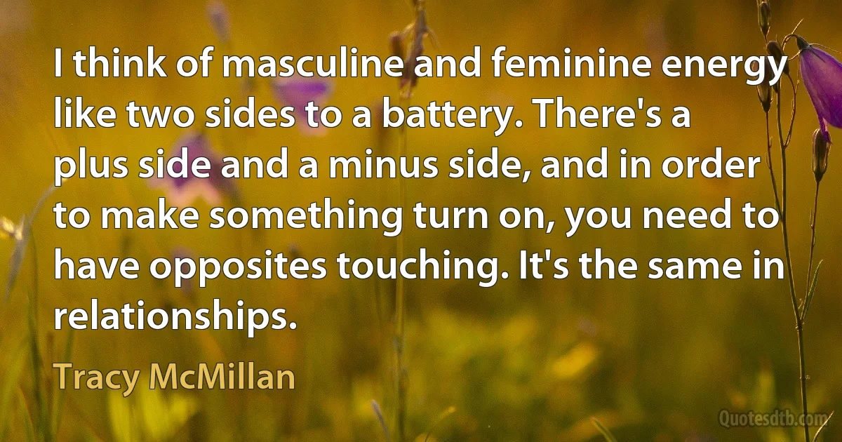 I think of masculine and feminine energy like two sides to a battery. There's a plus side and a minus side, and in order to make something turn on, you need to have opposites touching. It's the same in relationships. (Tracy McMillan)