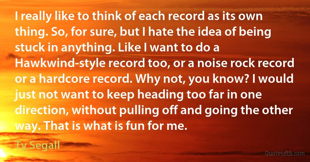 I really like to think of each record as its own thing. So, for sure, but I hate the idea of being stuck in anything. Like I want to do a Hawkwind-style record too, or a noise rock record or a hardcore record. Why not, you know? I would just not want to keep heading too far in one direction, without pulling off and going the other way. That is what is fun for me. (Ty Segall)