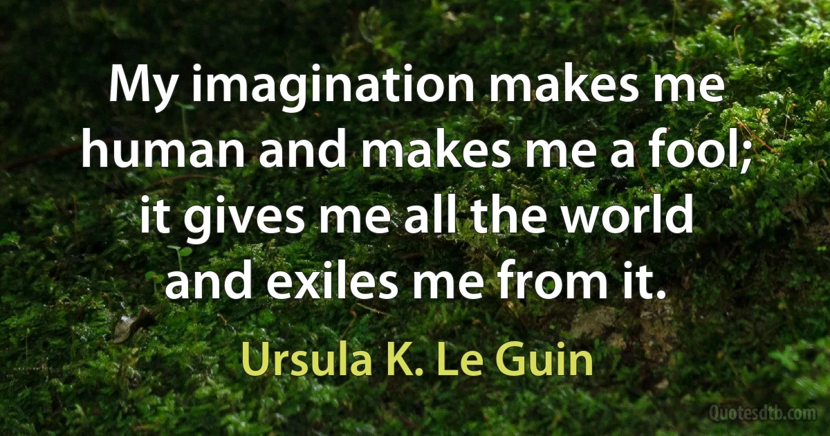 My imagination makes me human and makes me a fool; it gives me all the world and exiles me from it. (Ursula K. Le Guin)