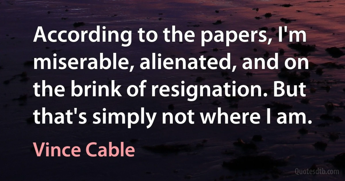 According to the papers, I'm miserable, alienated, and on the brink of resignation. But that's simply not where I am. (Vince Cable)