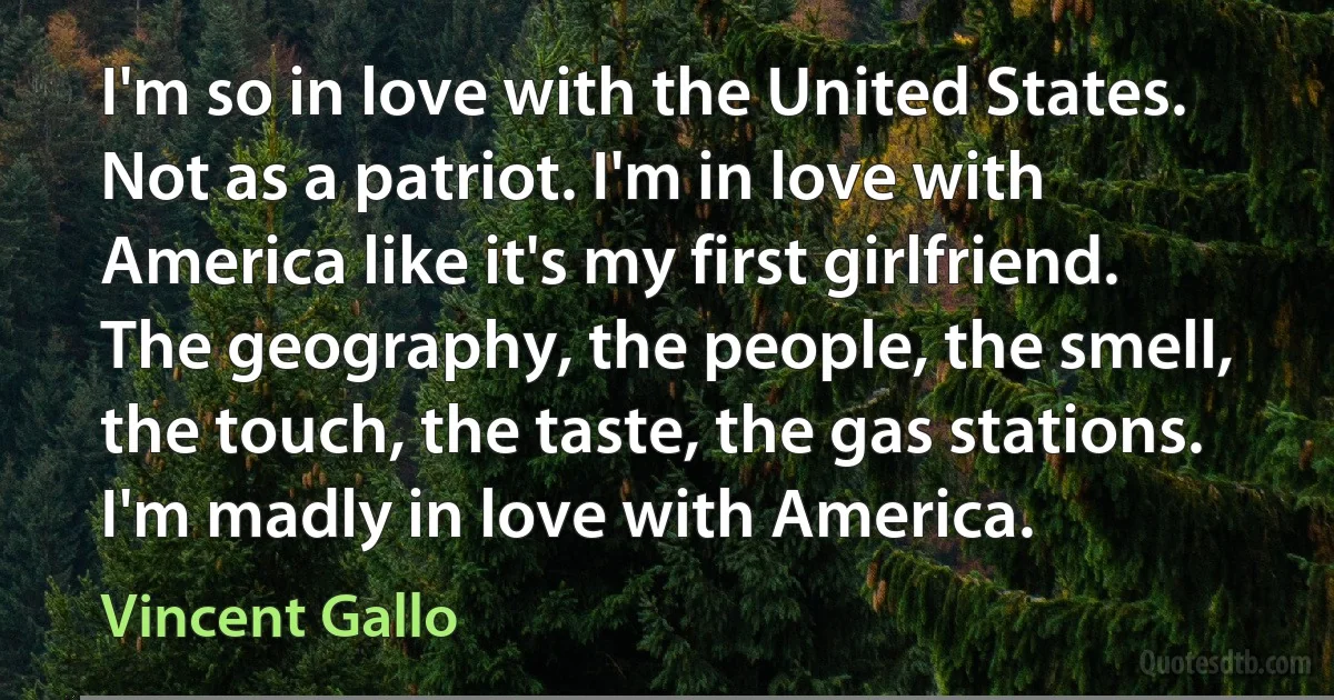 I'm so in love with the United States. Not as a patriot. I'm in love with America like it's my first girlfriend. The geography, the people, the smell, the touch, the taste, the gas stations. I'm madly in love with America. (Vincent Gallo)