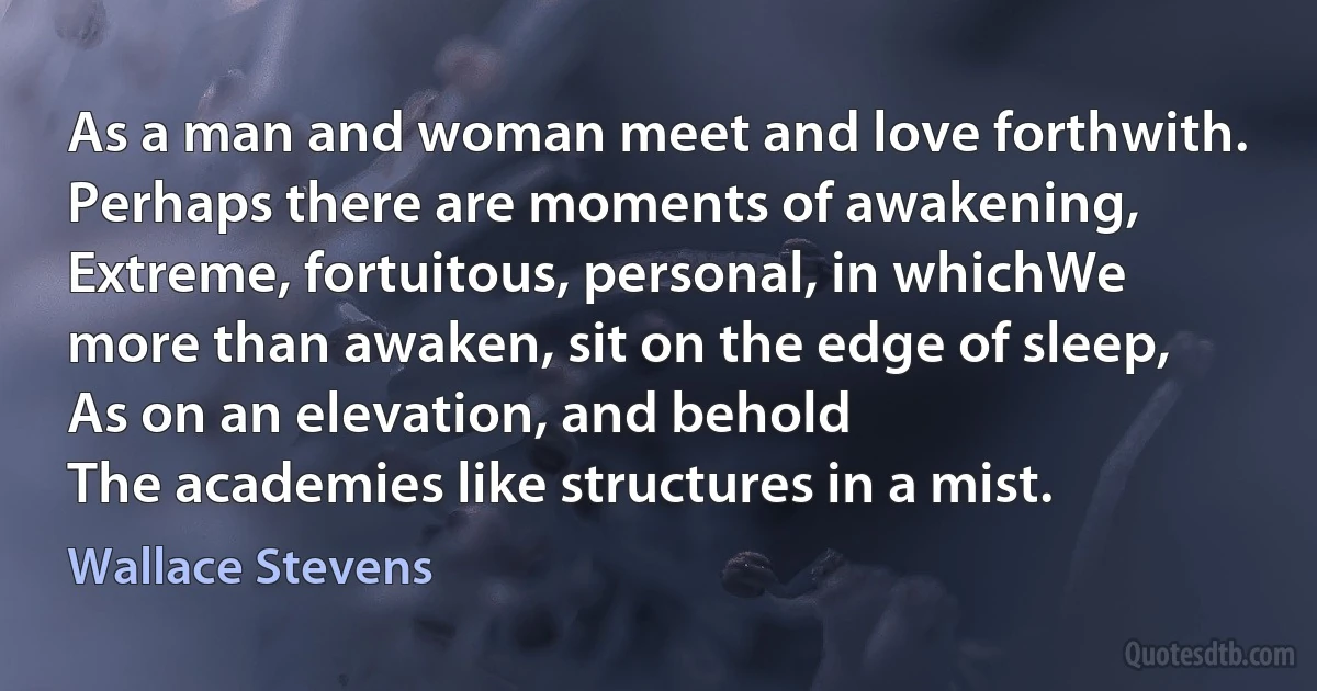 As a man and woman meet and love forthwith.
Perhaps there are moments of awakening,
Extreme, fortuitous, personal, in whichWe more than awaken, sit on the edge of sleep,
As on an elevation, and behold
The academies like structures in a mist. (Wallace Stevens)