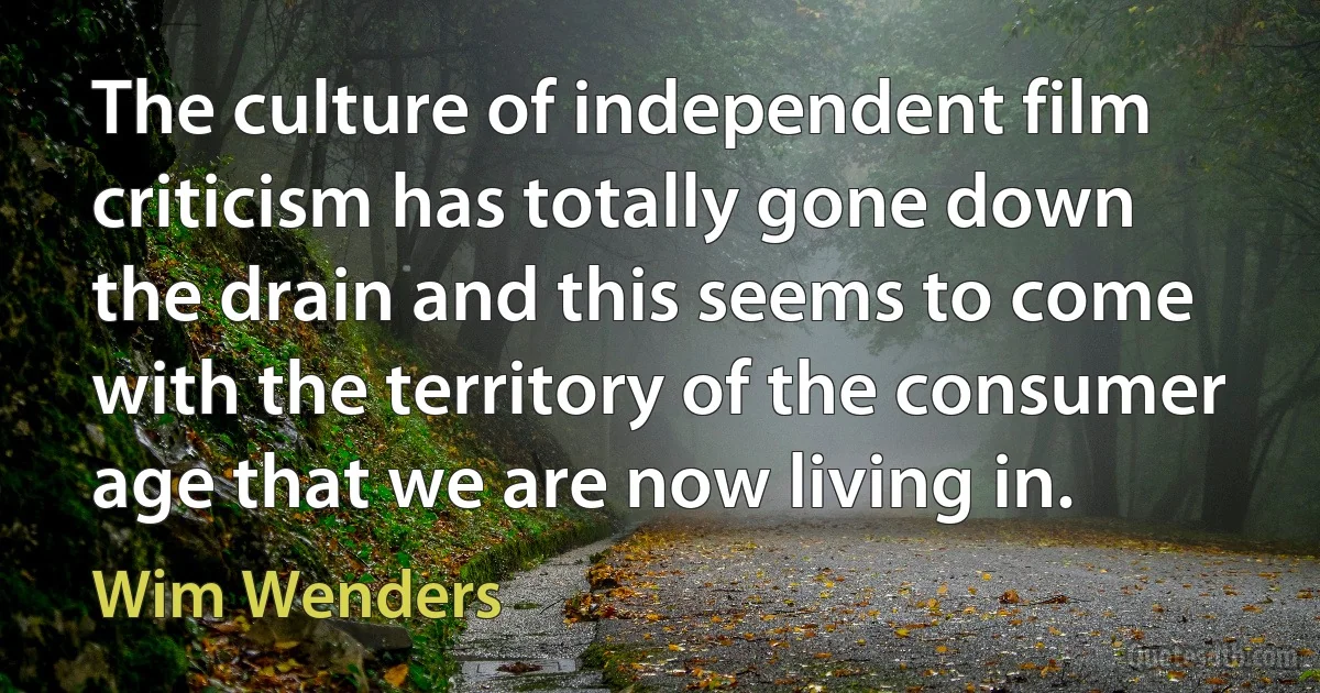 The culture of independent film criticism has totally gone down the drain and this seems to come with the territory of the consumer age that we are now living in. (Wim Wenders)