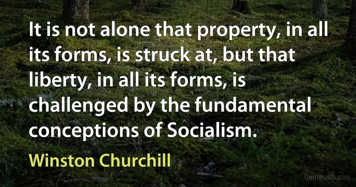 It is not alone that property, in all its forms, is struck at, but that liberty, in all its forms, is challenged by the fundamental conceptions of Socialism. (Winston Churchill)