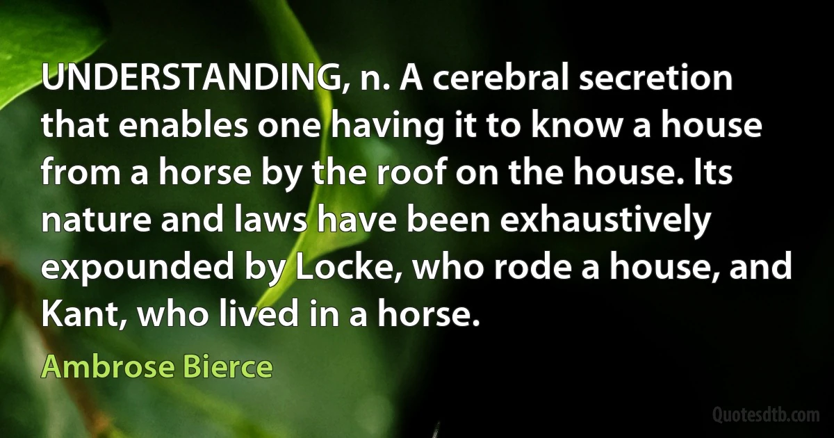 UNDERSTANDING, n. A cerebral secretion that enables one having it to know a house from a horse by the roof on the house. Its nature and laws have been exhaustively expounded by Locke, who rode a house, and Kant, who lived in a horse. (Ambrose Bierce)