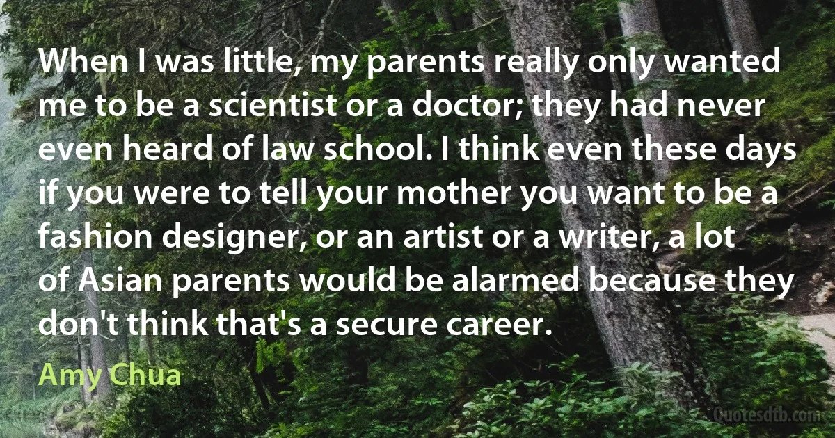 When I was little, my parents really only wanted me to be a scientist or a doctor; they had never even heard of law school. I think even these days if you were to tell your mother you want to be a fashion designer, or an artist or a writer, a lot of Asian parents would be alarmed because they don't think that's a secure career. (Amy Chua)