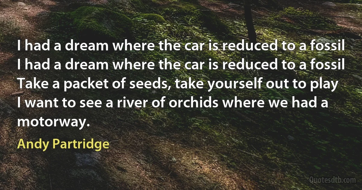 I had a dream where the car is reduced to a fossil
I had a dream where the car is reduced to a fossil
Take a packet of seeds, take yourself out to play
I want to see a river of orchids where we had a motorway. (Andy Partridge)