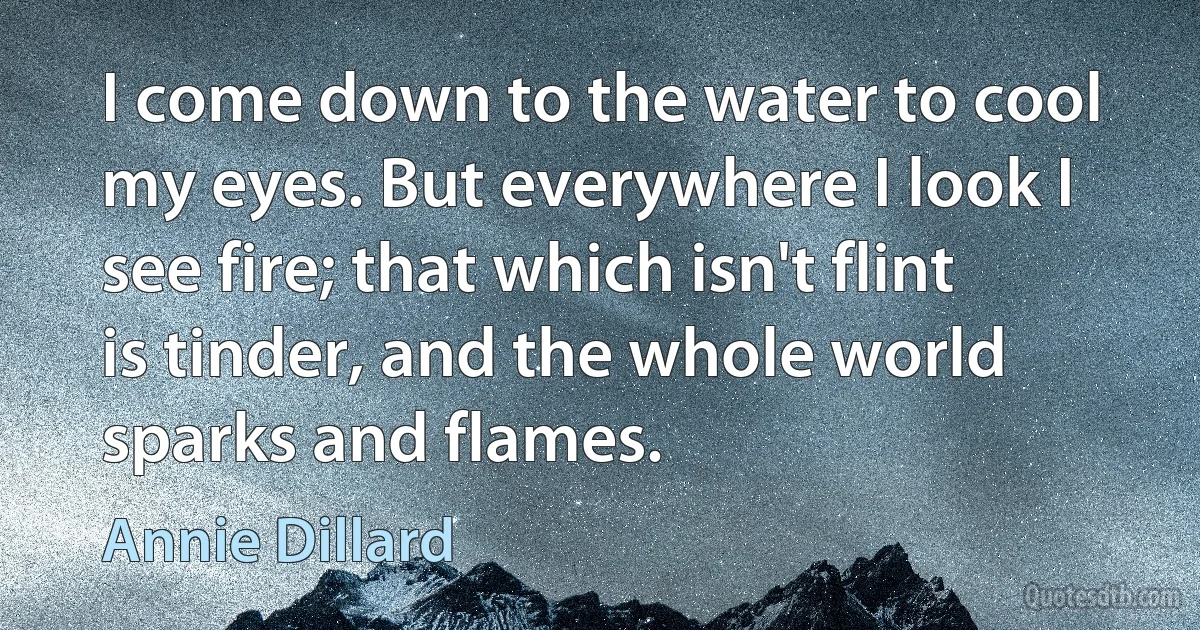 I come down to the water to cool my eyes. But everywhere I look I see fire; that which isn't flint is tinder, and the whole world sparks and flames. (Annie Dillard)