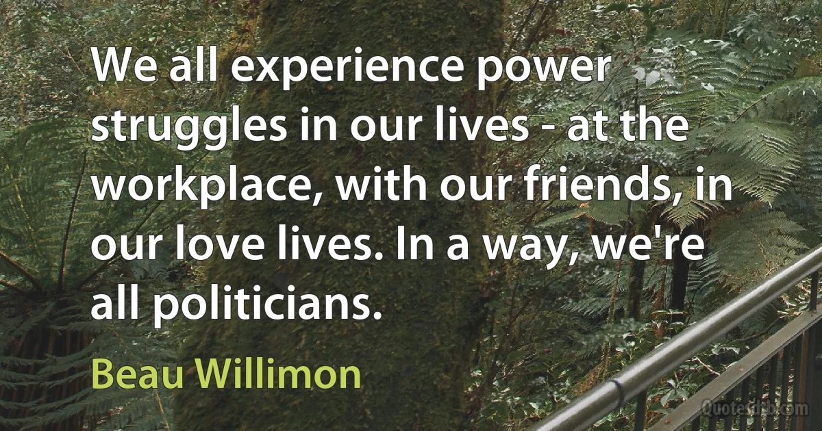 We all experience power struggles in our lives - at the workplace, with our friends, in our love lives. In a way, we're all politicians. (Beau Willimon)