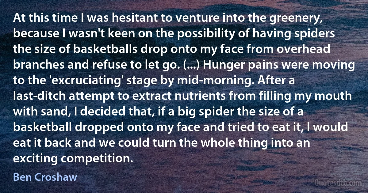 At this time I was hesitant to venture into the greenery, because I wasn't keen on the possibility of having spiders the size of basketballs drop onto my face from overhead branches and refuse to let go. (...) Hunger pains were moving to the 'excruciating' stage by mid-morning. After a last-ditch attempt to extract nutrients from filling my mouth with sand, I decided that, if a big spider the size of a basketball dropped onto my face and tried to eat it, I would eat it back and we could turn the whole thing into an exciting competition. (Ben Croshaw)