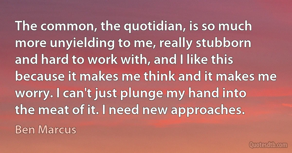 The common, the quotidian, is so much more unyielding to me, really stubborn and hard to work with, and I like this because it makes me think and it makes me worry. I can't just plunge my hand into the meat of it. I need new approaches. (Ben Marcus)