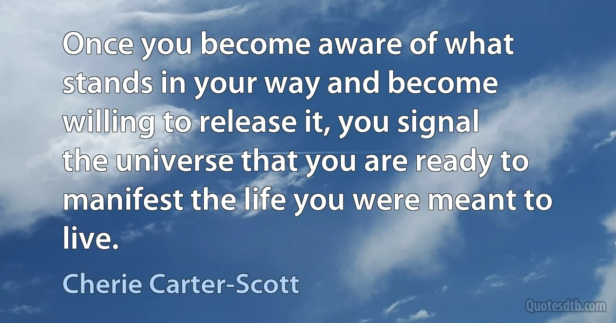 Once you become aware of what stands in your way and become willing to release it, you signal the universe that you are ready to manifest the life you were meant to live. (Cherie Carter-Scott)