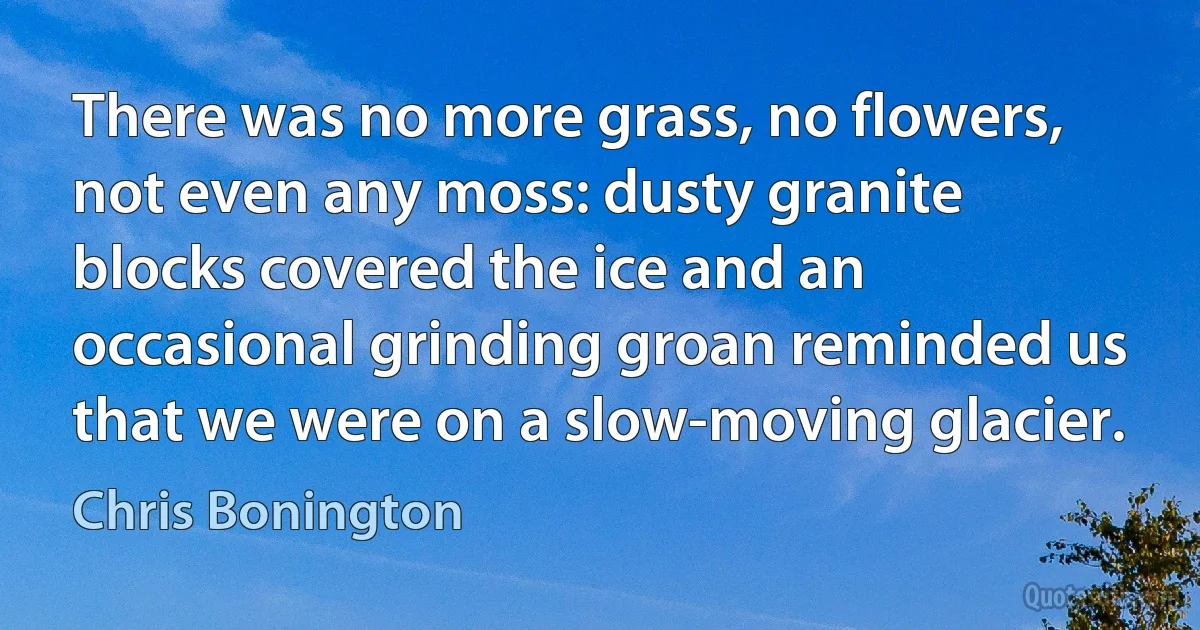 There was no more grass, no flowers, not even any moss: dusty granite blocks covered the ice and an occasional grinding groan reminded us that we were on a slow-moving glacier. (Chris Bonington)