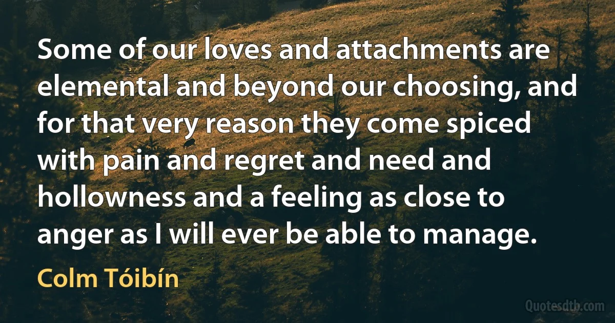 Some of our loves and attachments are elemental and beyond our choosing, and for that very reason they come spiced with pain and regret and need and hollowness and a feeling as close to anger as I will ever be able to manage. (Colm Tóibín)