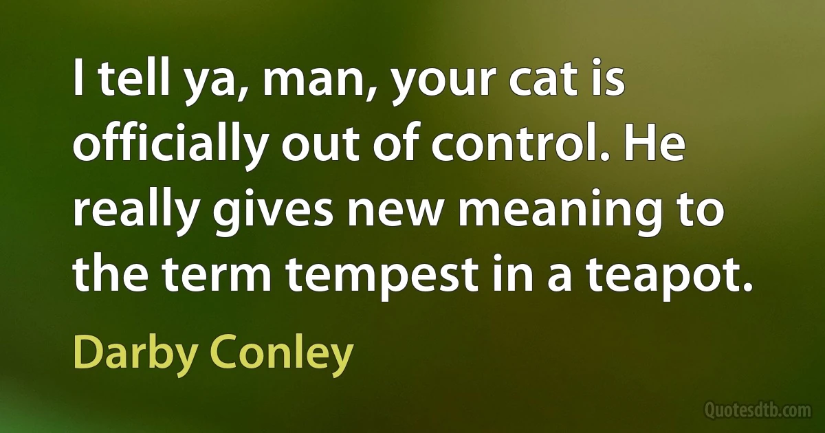 I tell ya, man, your cat is officially out of control. He really gives new meaning to the term tempest in a teapot. (Darby Conley)