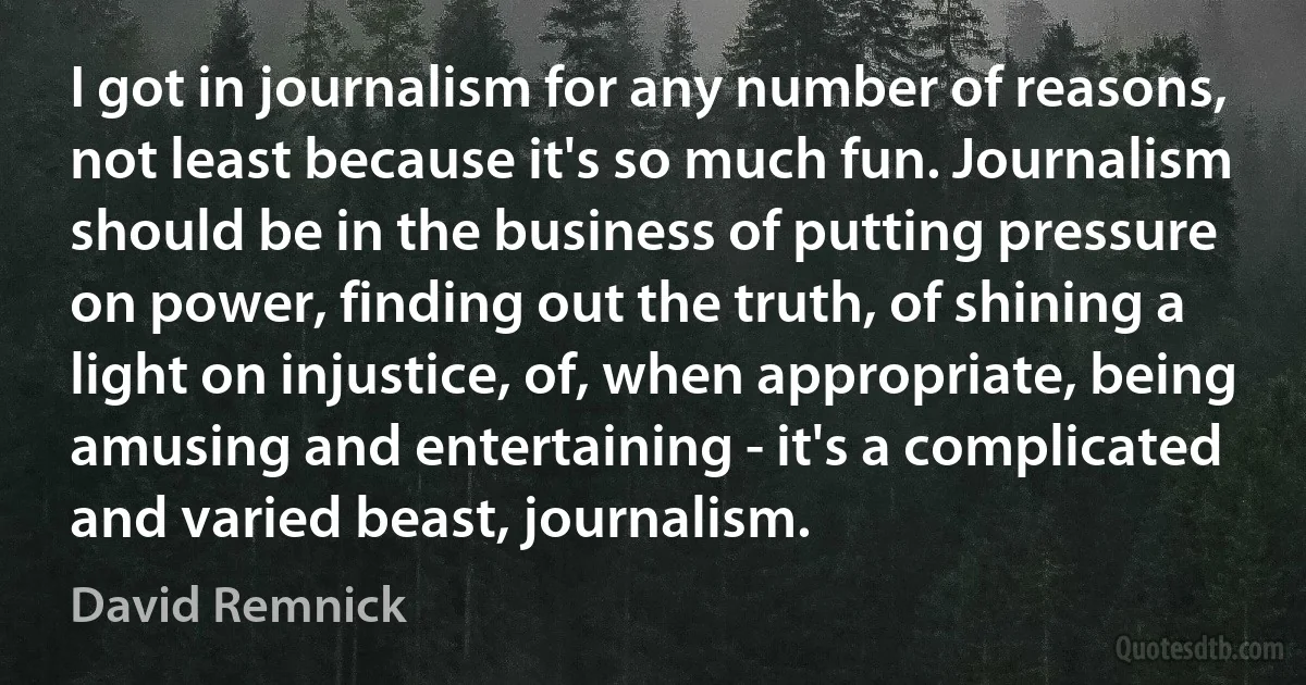 I got in journalism for any number of reasons, not least because it's so much fun. Journalism should be in the business of putting pressure on power, finding out the truth, of shining a light on injustice, of, when appropriate, being amusing and entertaining - it's a complicated and varied beast, journalism. (David Remnick)