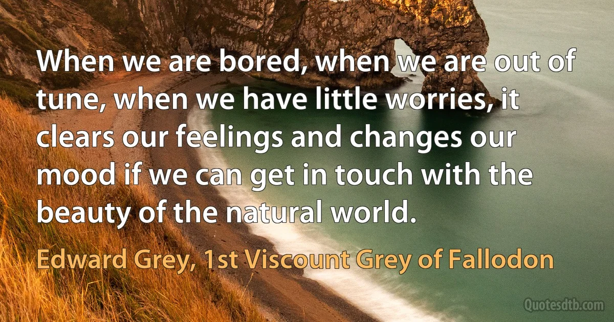 When we are bored, when we are out of tune, when we have little worries, it clears our feelings and changes our mood if we can get in touch with the beauty of the natural world. (Edward Grey, 1st Viscount Grey of Fallodon)