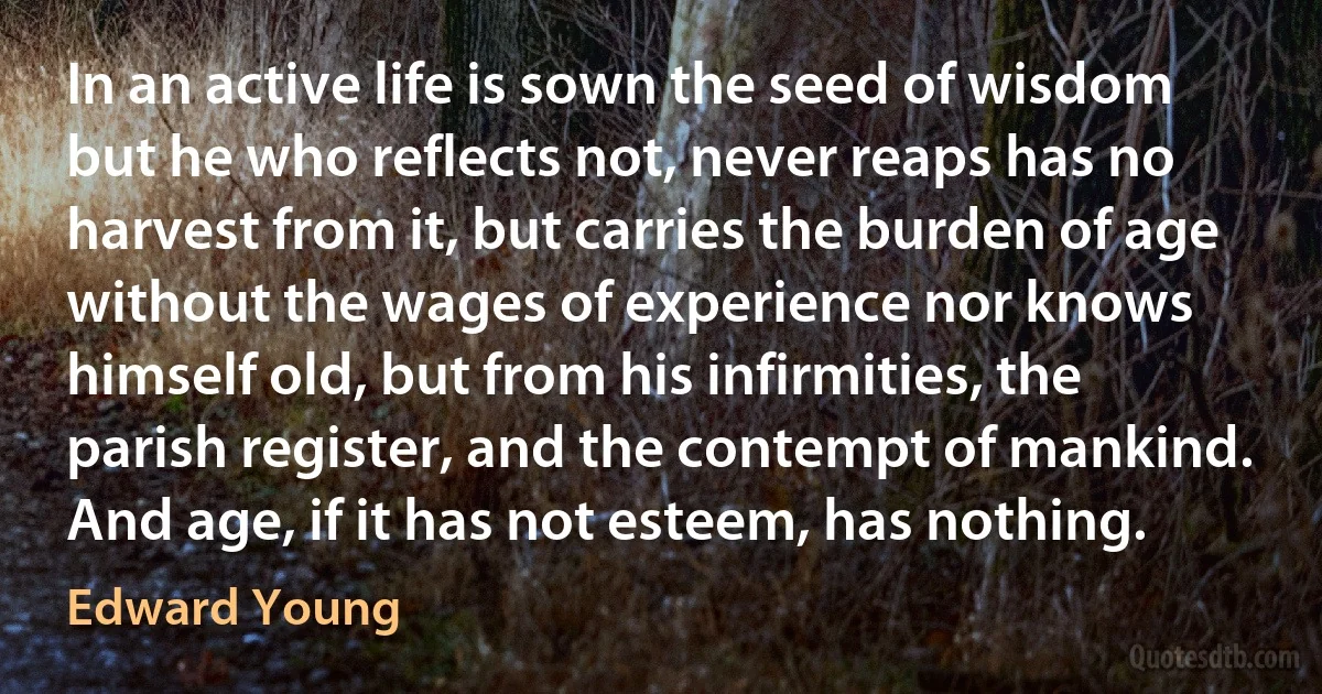 In an active life is sown the seed of wisdom but he who reflects not, never reaps has no harvest from it, but carries the burden of age without the wages of experience nor knows himself old, but from his infirmities, the parish register, and the contempt of mankind. And age, if it has not esteem, has nothing. (Edward Young)