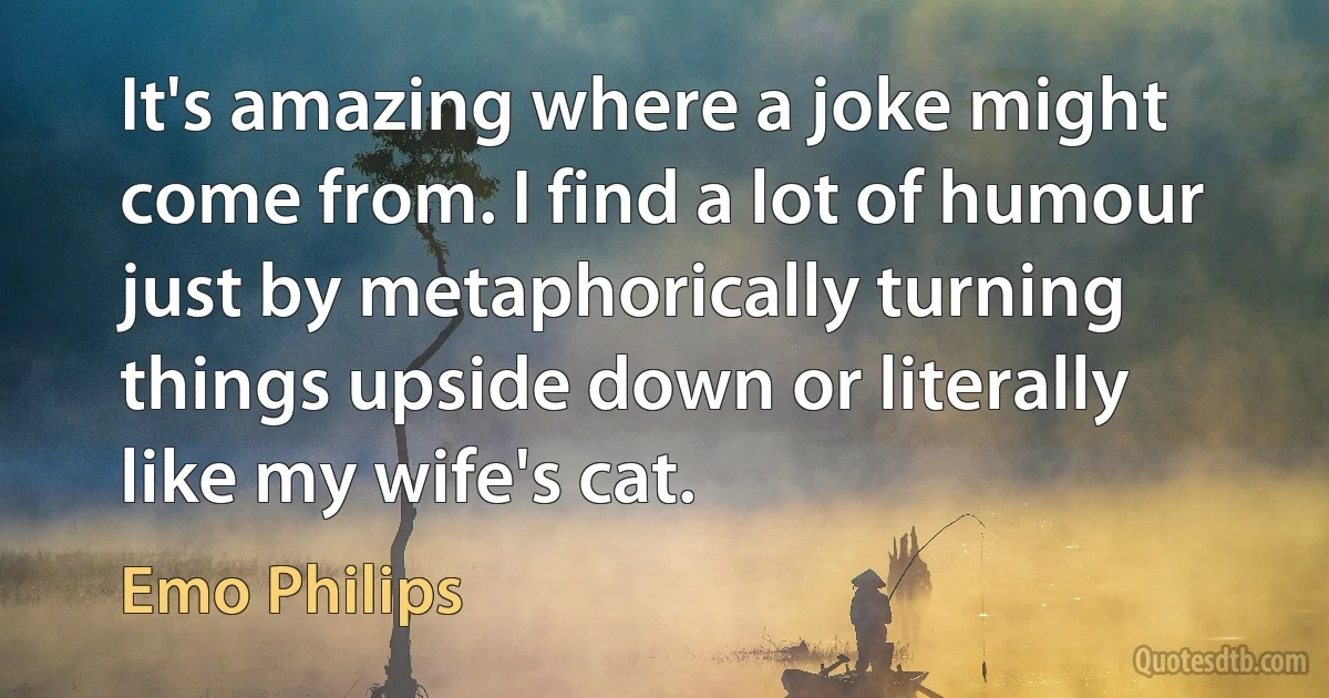 It's amazing where a joke might come from. I find a lot of humour just by metaphorically turning things upside down or literally like my wife's cat. (Emo Philips)