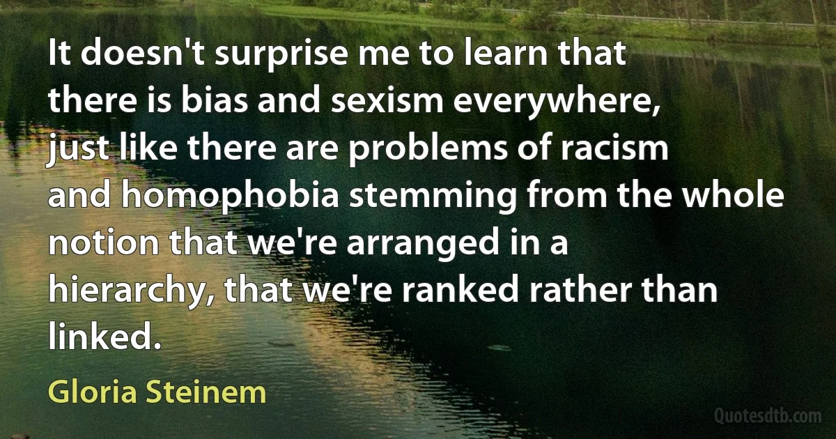 It doesn't surprise me to learn that there is bias and sexism everywhere, just like there are problems of racism and homophobia stemming from the whole notion that we're arranged in a hierarchy, that we're ranked rather than linked. (Gloria Steinem)