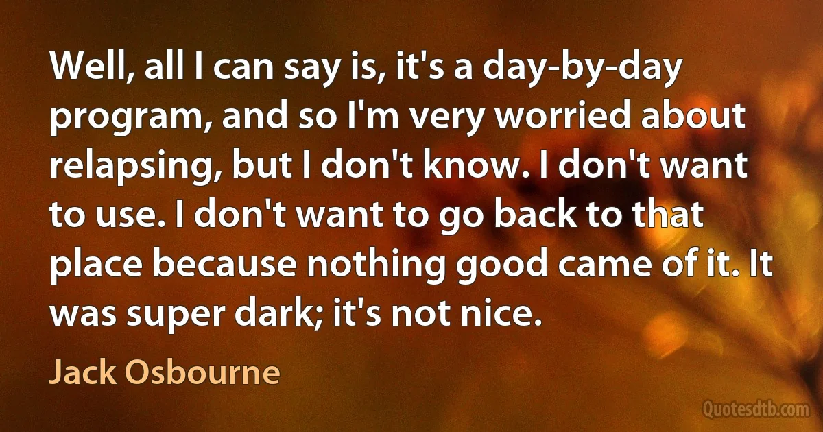 Well, all I can say is, it's a day-by-day program, and so I'm very worried about relapsing, but I don't know. I don't want to use. I don't want to go back to that place because nothing good came of it. It was super dark; it's not nice. (Jack Osbourne)