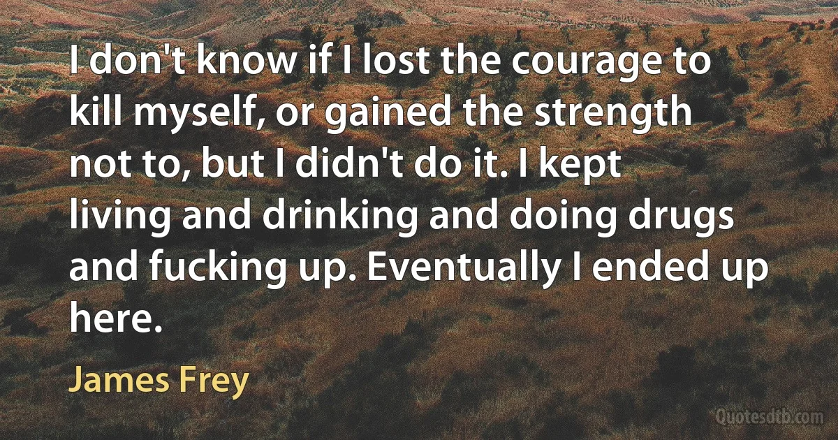 I don't know if I lost the courage to kill myself, or gained the strength not to, but I didn't do it. I kept living and drinking and doing drugs and fucking up. Eventually I ended up here. (James Frey)