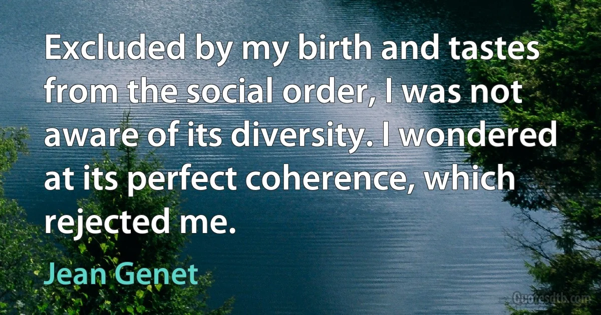 Excluded by my birth and tastes from the social order, I was not aware of its diversity. I wondered at its perfect coherence, which rejected me. (Jean Genet)