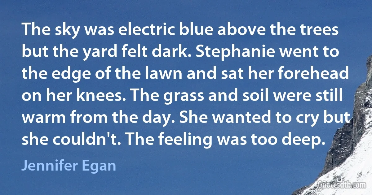 The sky was electric blue above the trees but the yard felt dark. Stephanie went to the edge of the lawn and sat her forehead on her knees. The grass and soil were still warm from the day. She wanted to cry but she couldn't. The feeling was too deep. (Jennifer Egan)