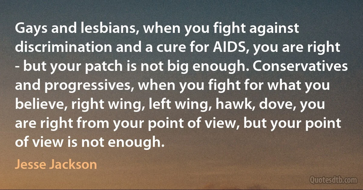 Gays and lesbians, when you fight against discrimination and a cure for AIDS, you are right - but your patch is not big enough. Conservatives and progressives, when you fight for what you believe, right wing, left wing, hawk, dove, you are right from your point of view, but your point of view is not enough. (Jesse Jackson)