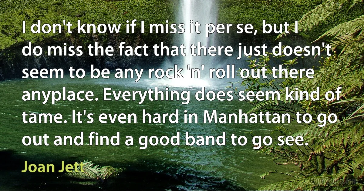 I don't know if I miss it per se, but I do miss the fact that there just doesn't seem to be any rock 'n' roll out there anyplace. Everything does seem kind of tame. It's even hard in Manhattan to go out and find a good band to go see. (Joan Jett)